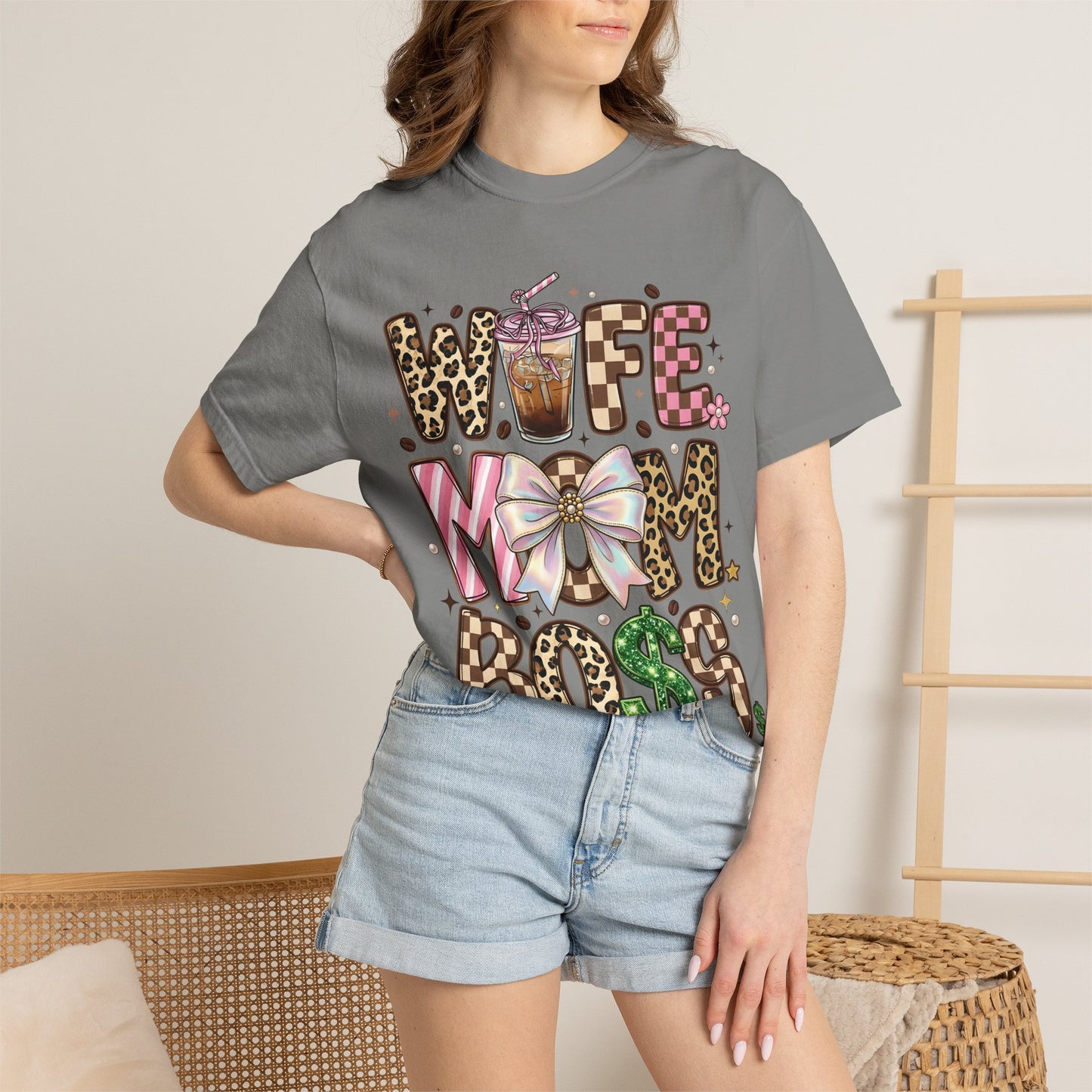 Wife Mom Boss Graphic T-Shirt — Chic Leopard, Floral & Coffee Mom Life Tee