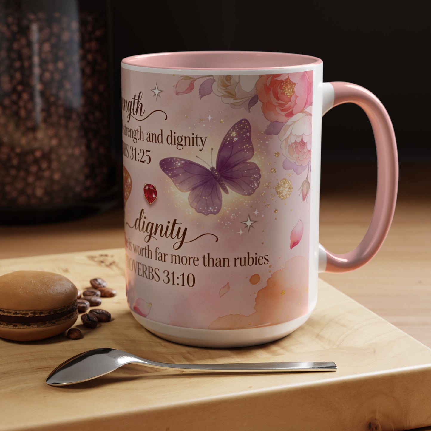 Inspirational Proverbs 31:25-10 Butterfly Accent Coffee Mug — Strength & Dignity Christian Gift (15oz)