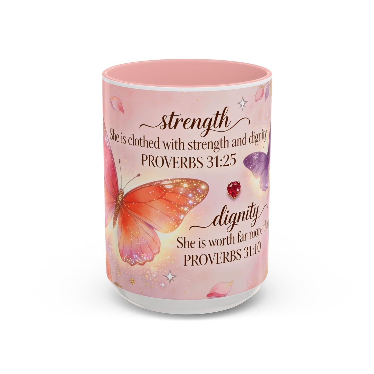 Inspirational Proverbs 31:25-10 Butterfly Accent Coffee Mug — Strength & Dignity Christian Gift (15oz)