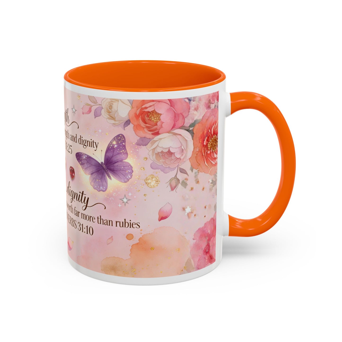 Inspirational Proverbs Coffee Mug — "Strength & Dignity" Floral Butterfly Bible Verse 11oz