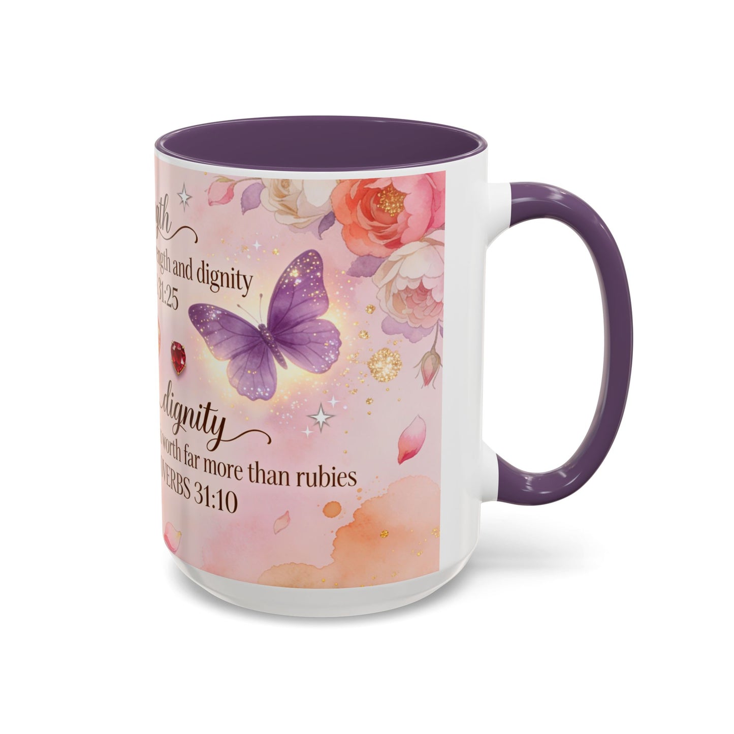Inspirational Proverbs 31:25-10 Butterfly Accent Coffee Mug — Strength & Dignity Christian Gift (15oz)