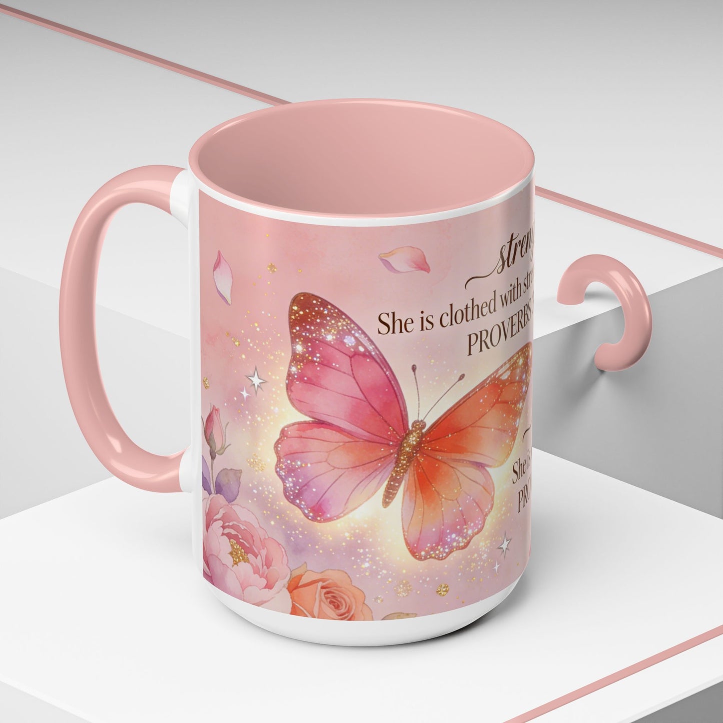 Inspirational Proverbs 31:25-10 Butterfly Accent Coffee Mug — Strength & Dignity Christian Gift (15oz)