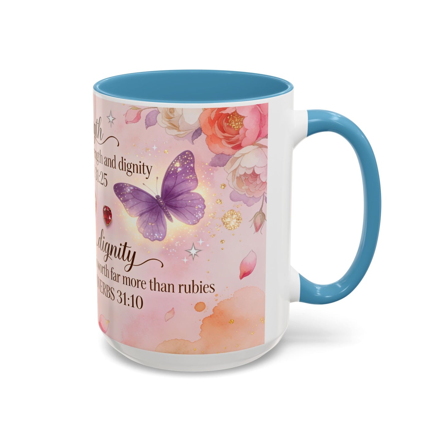Inspirational Proverbs 31:25-10 Butterfly Accent Coffee Mug — Strength & Dignity Christian Gift (15oz)