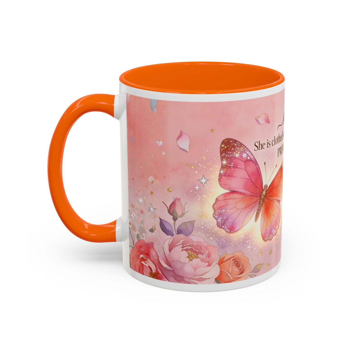 Inspirational Proverbs Coffee Mug — "Strength & Dignity" Floral Butterfly Bible Verse 11oz