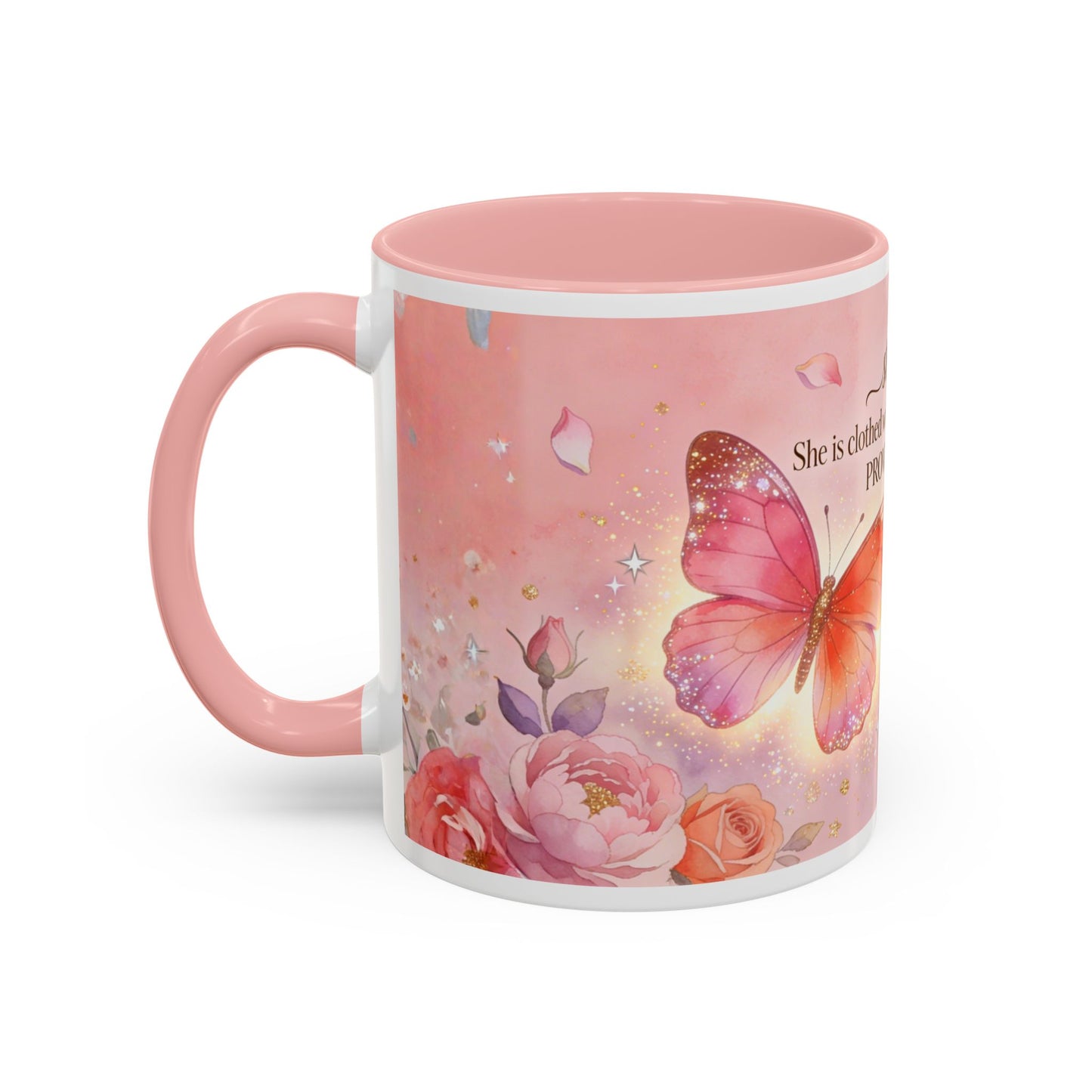 Inspirational Proverbs Coffee Mug — "Strength & Dignity" Floral Butterfly Bible Verse 11oz