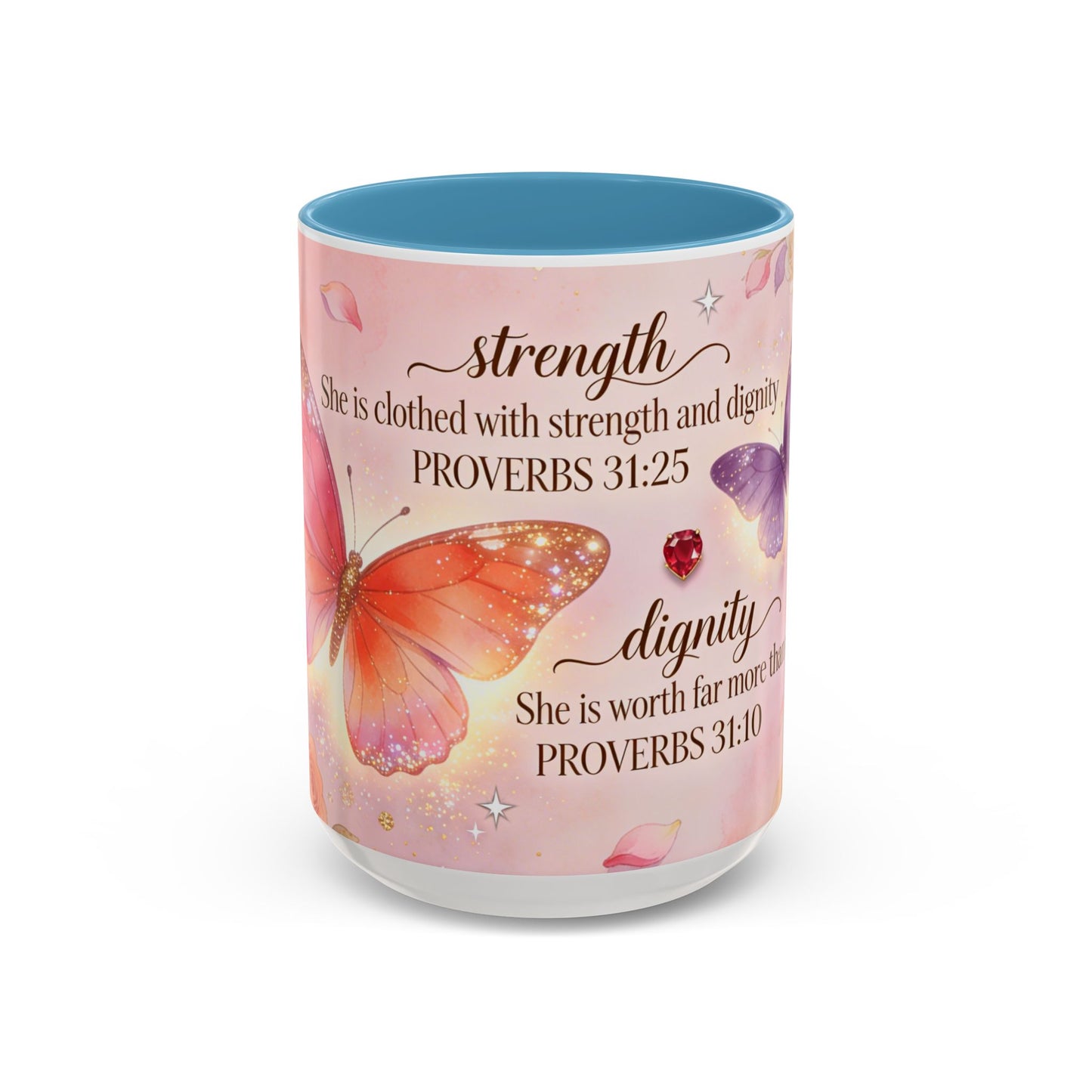 Inspirational Proverbs 31:25-10 Butterfly Accent Coffee Mug — Strength & Dignity Christian Gift (15oz)