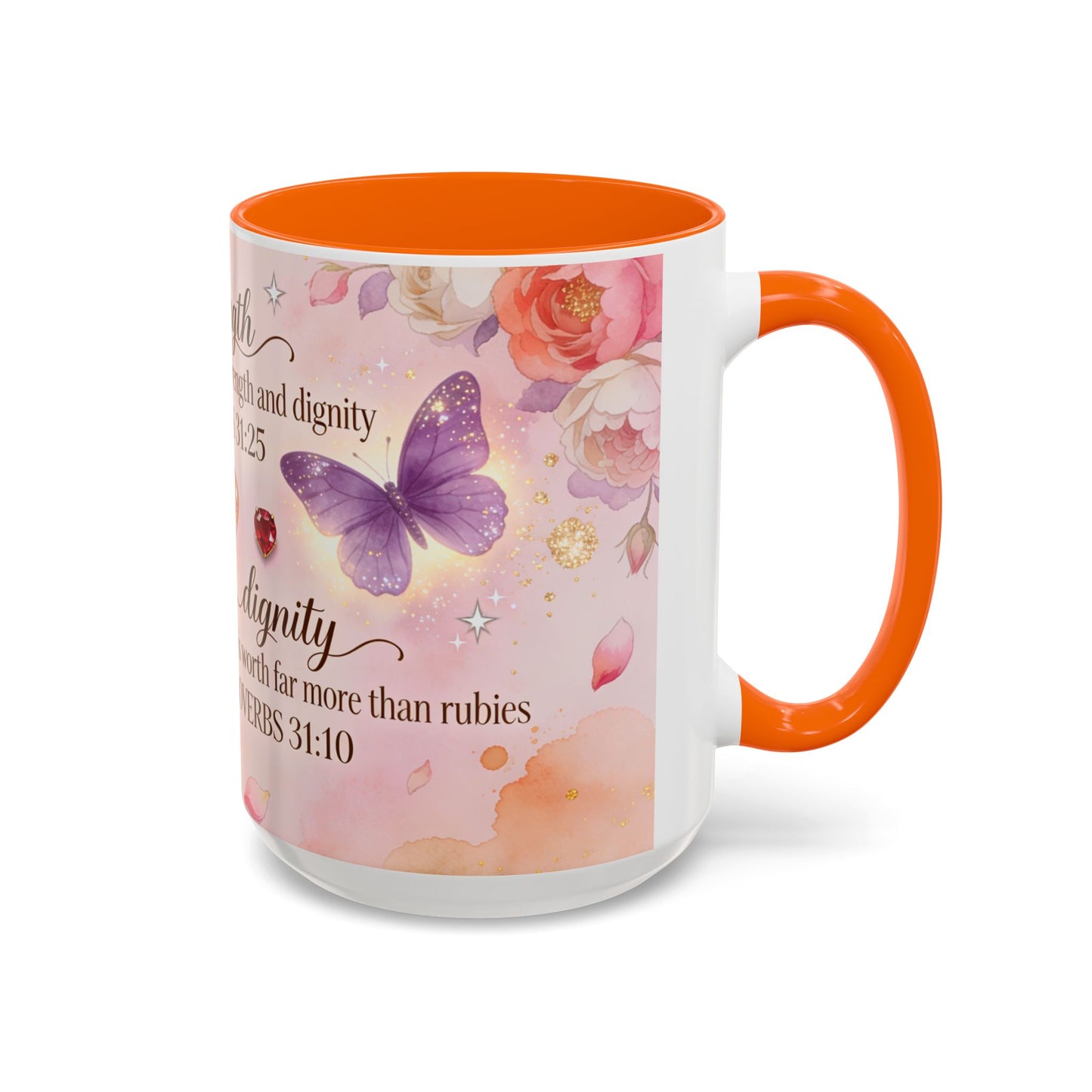 Inspirational Proverbs 31:25-10 Butterfly Accent Coffee Mug — Strength & Dignity Christian Gift (15oz)