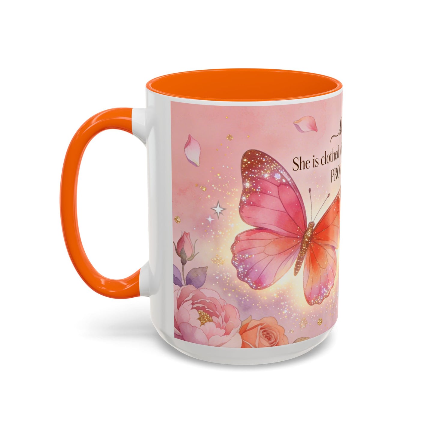 Inspirational Proverbs 31:25-10 Butterfly Accent Coffee Mug — Strength & Dignity Christian Gift (15oz)