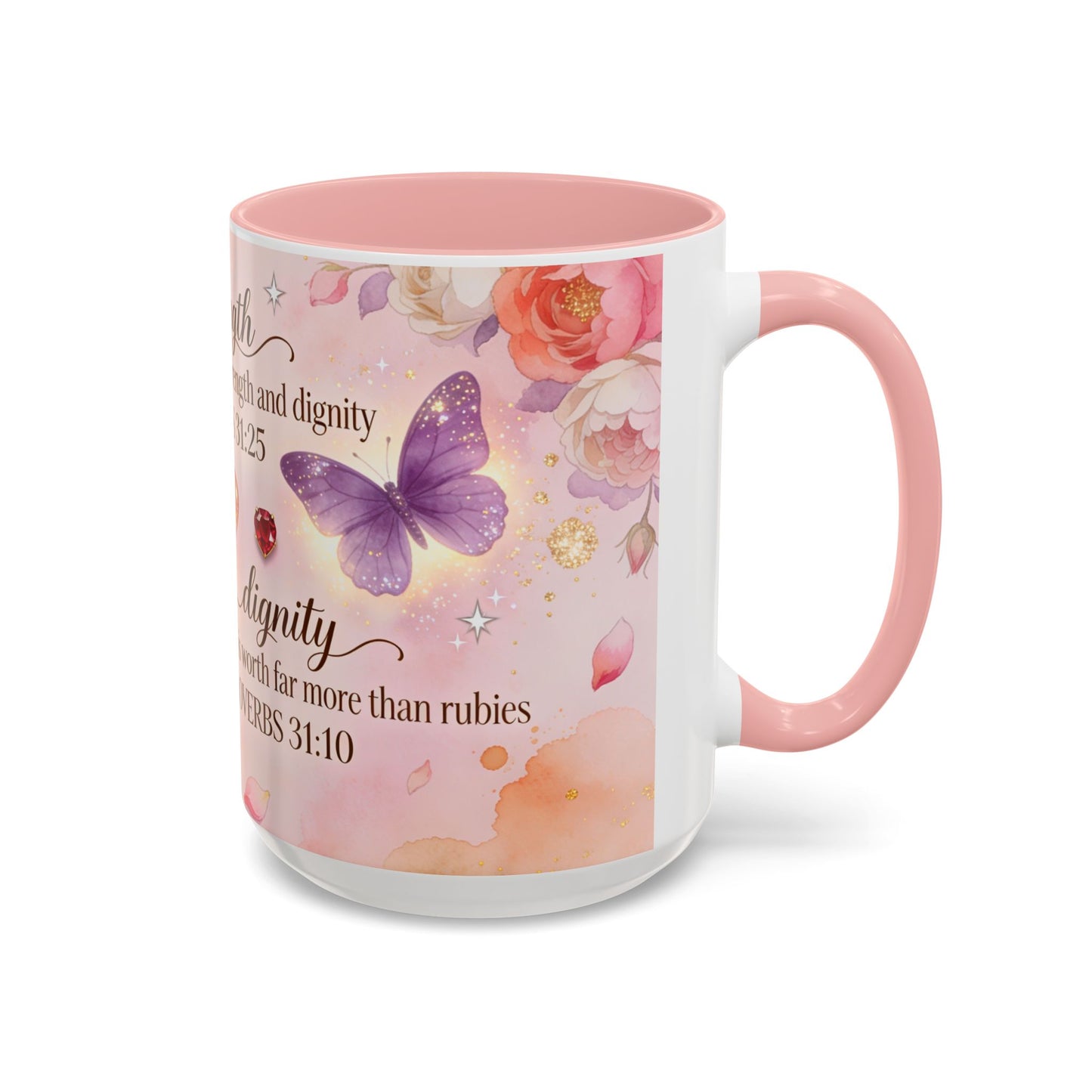 Inspirational Proverbs 31:25-10 Butterfly Accent Coffee Mug — Strength & Dignity Christian Gift (15oz)