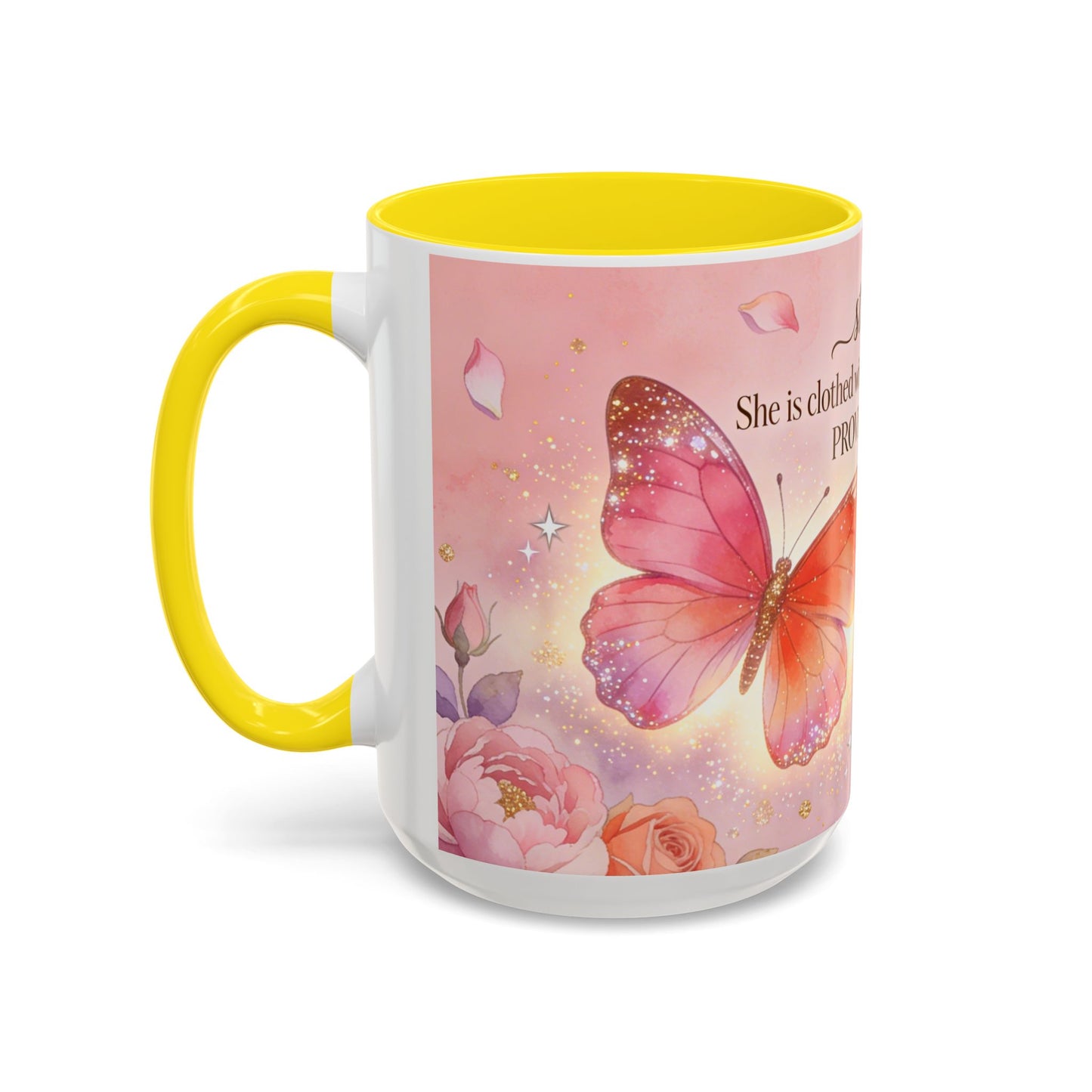 Inspirational Proverbs 31:25-10 Butterfly Accent Coffee Mug — Strength & Dignity Christian Gift (15oz)