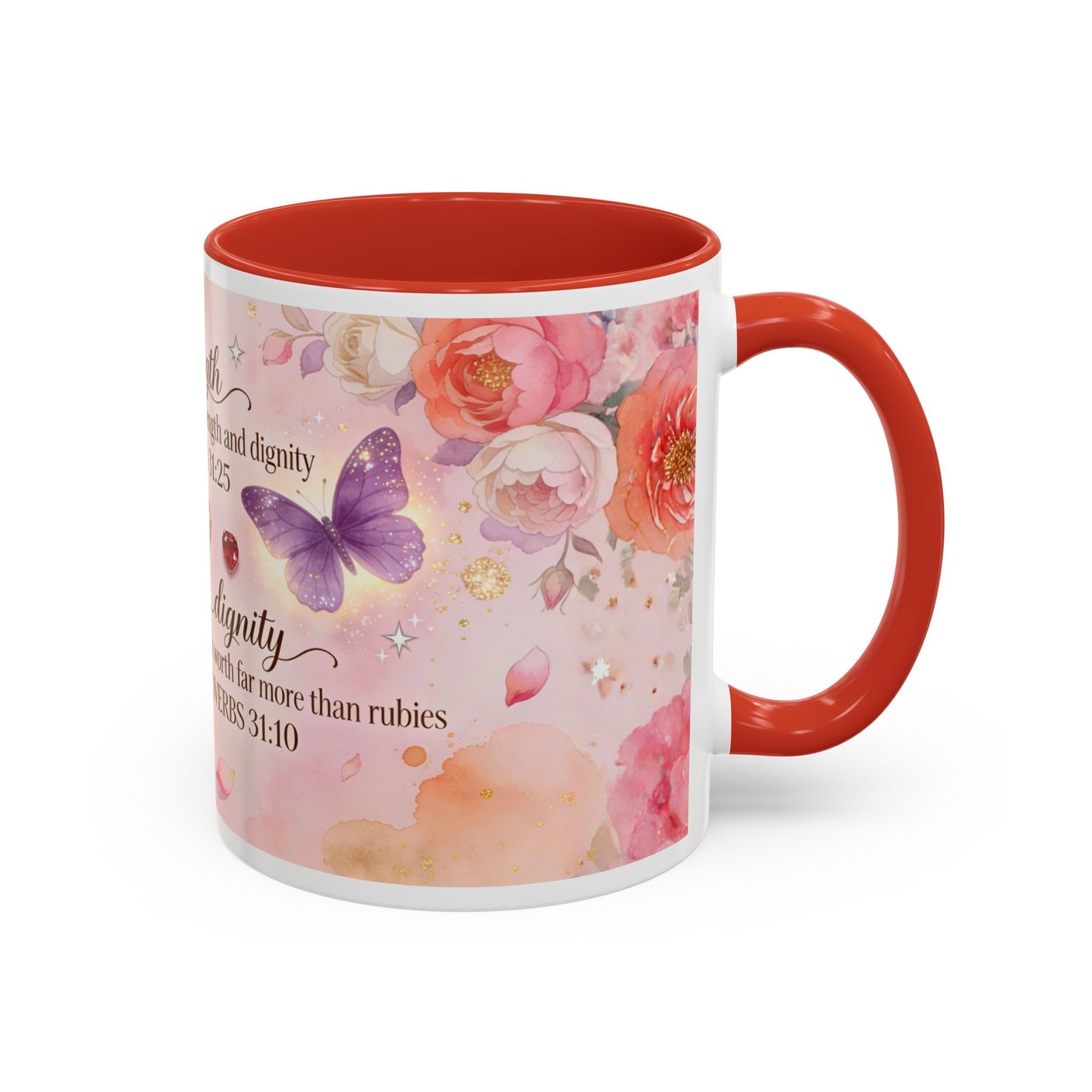 Inspirational Proverbs Coffee Mug — "Strength & Dignity" Floral Butterfly Bible Verse 11oz