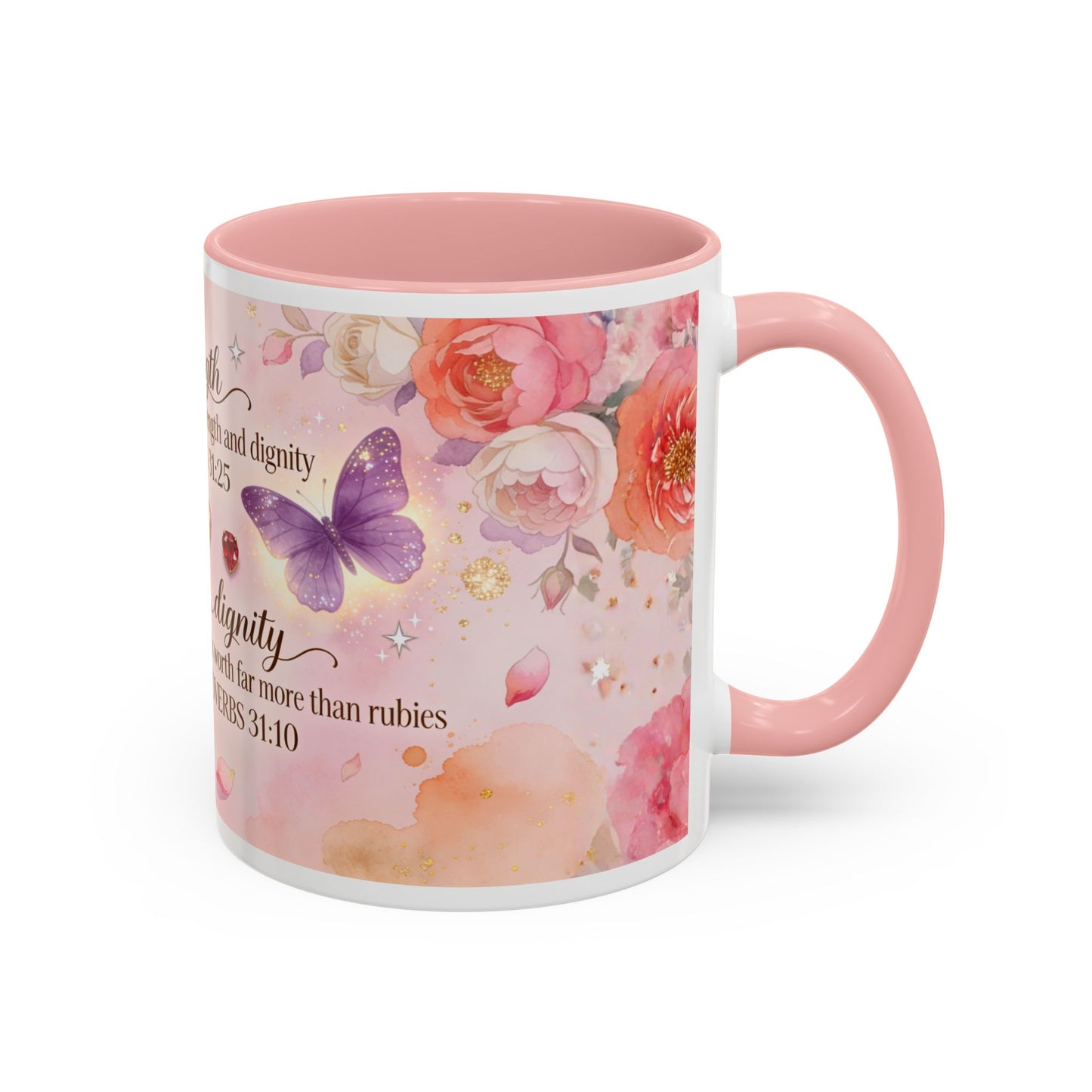 Inspirational Proverbs Coffee Mug — "Strength & Dignity" Floral Butterfly Bible Verse 11oz