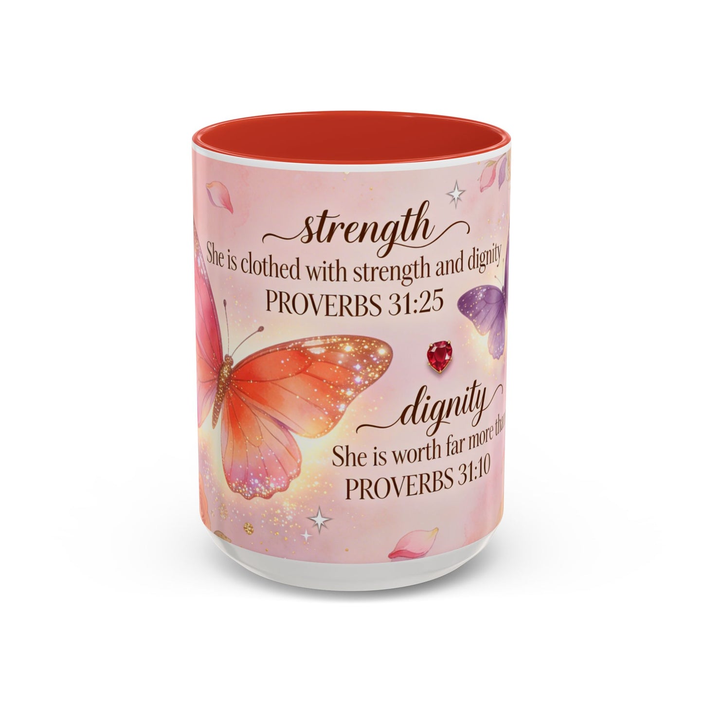 Inspirational Proverbs 31:25-10 Butterfly Accent Coffee Mug — Strength & Dignity Christian Gift (15oz)