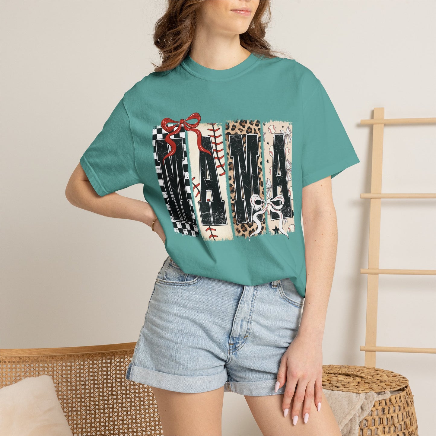 Mama Baseball Pattern Block T-Shirt