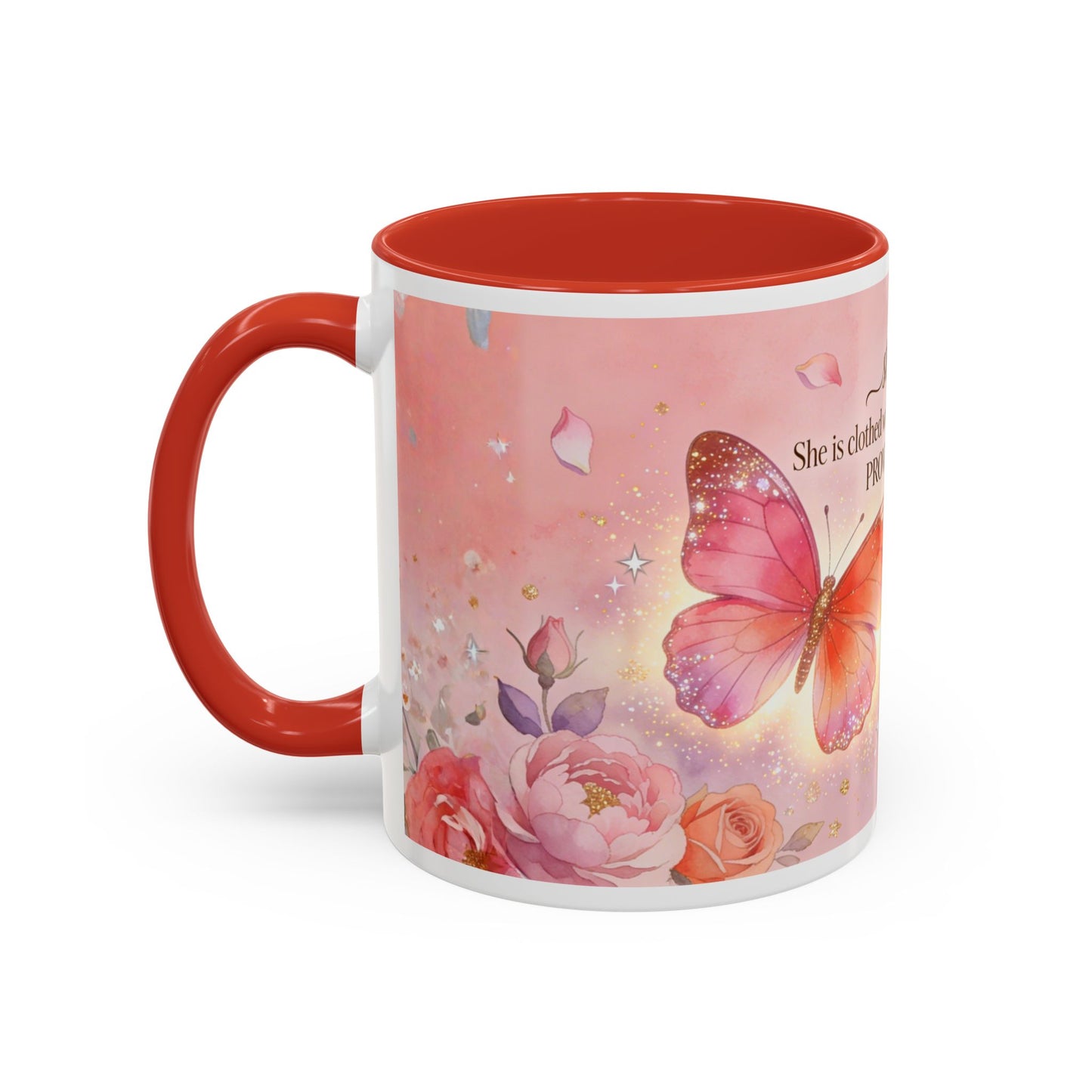Inspirational Proverbs Coffee Mug — "Strength & Dignity" Floral Butterfly Bible Verse 11oz