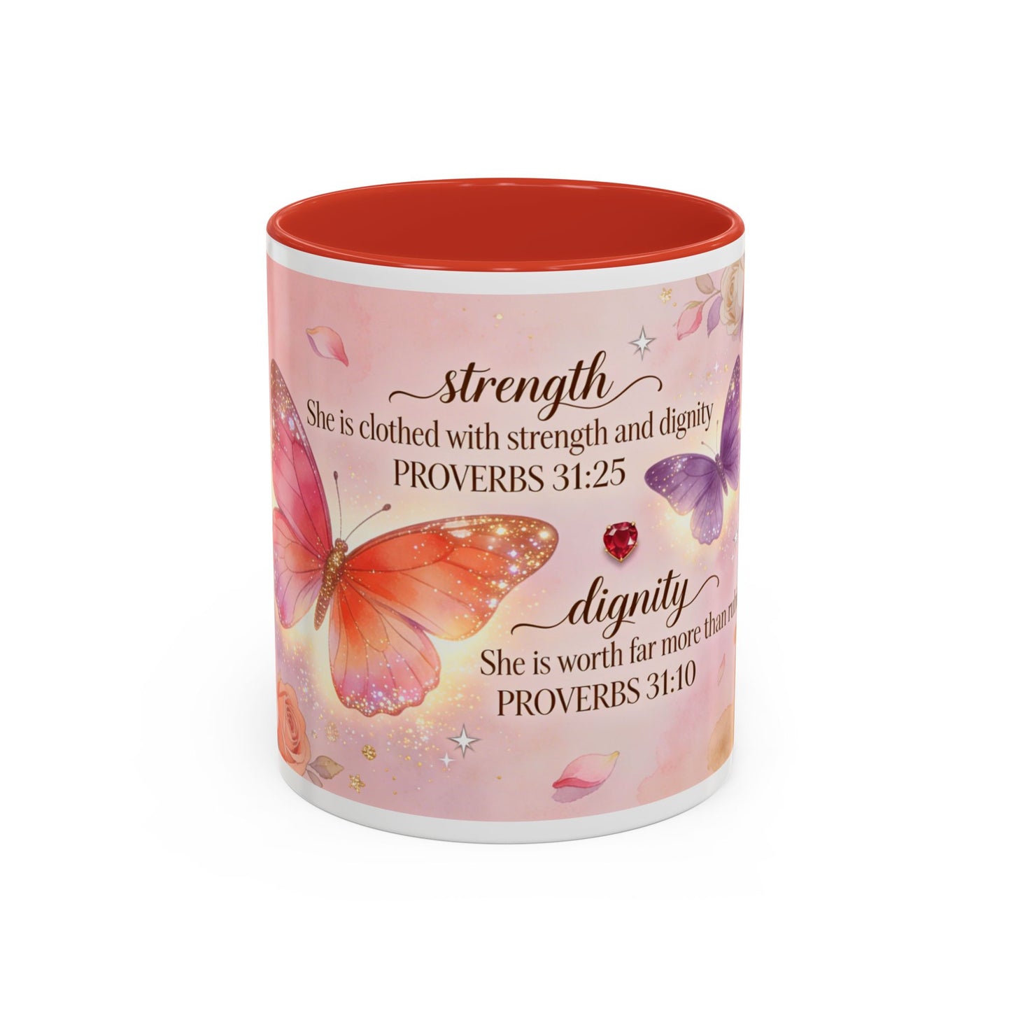 Inspirational Proverbs Coffee Mug — "Strength & Dignity" Floral Butterfly Bible Verse 11oz