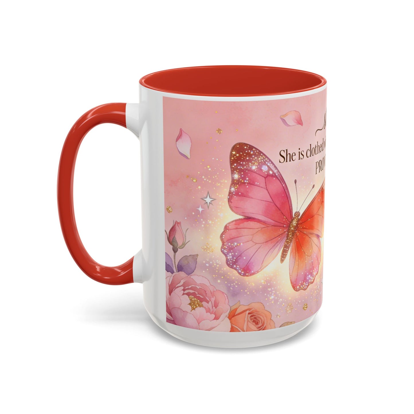 Inspirational Proverbs 31:25-10 Butterfly Accent Coffee Mug — Strength & Dignity Christian Gift (15oz)