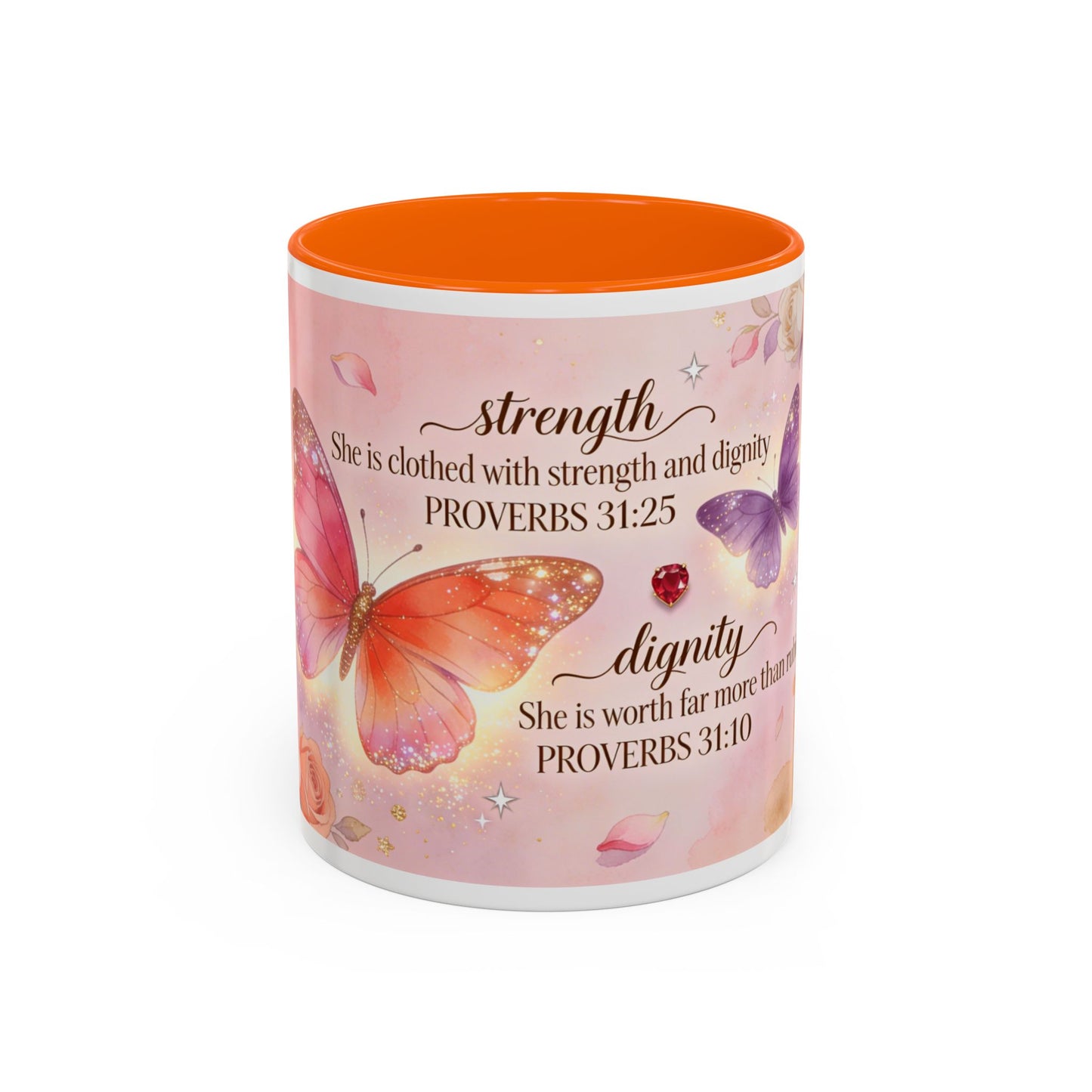 Inspirational Proverbs Coffee Mug — "Strength & Dignity" Floral Butterfly Bible Verse 11oz