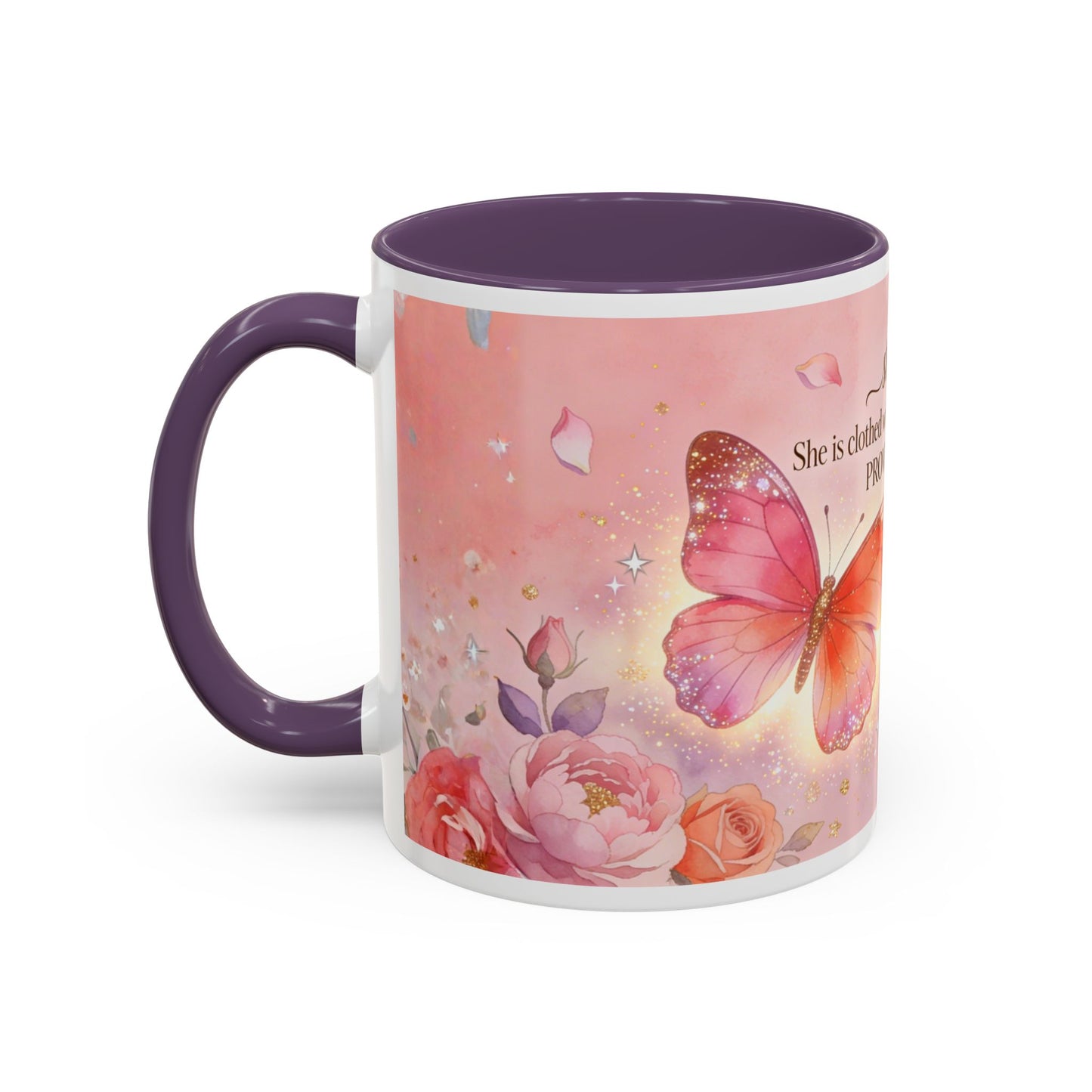 Inspirational Proverbs Coffee Mug — "Strength & Dignity" Floral Butterfly Bible Verse 11oz