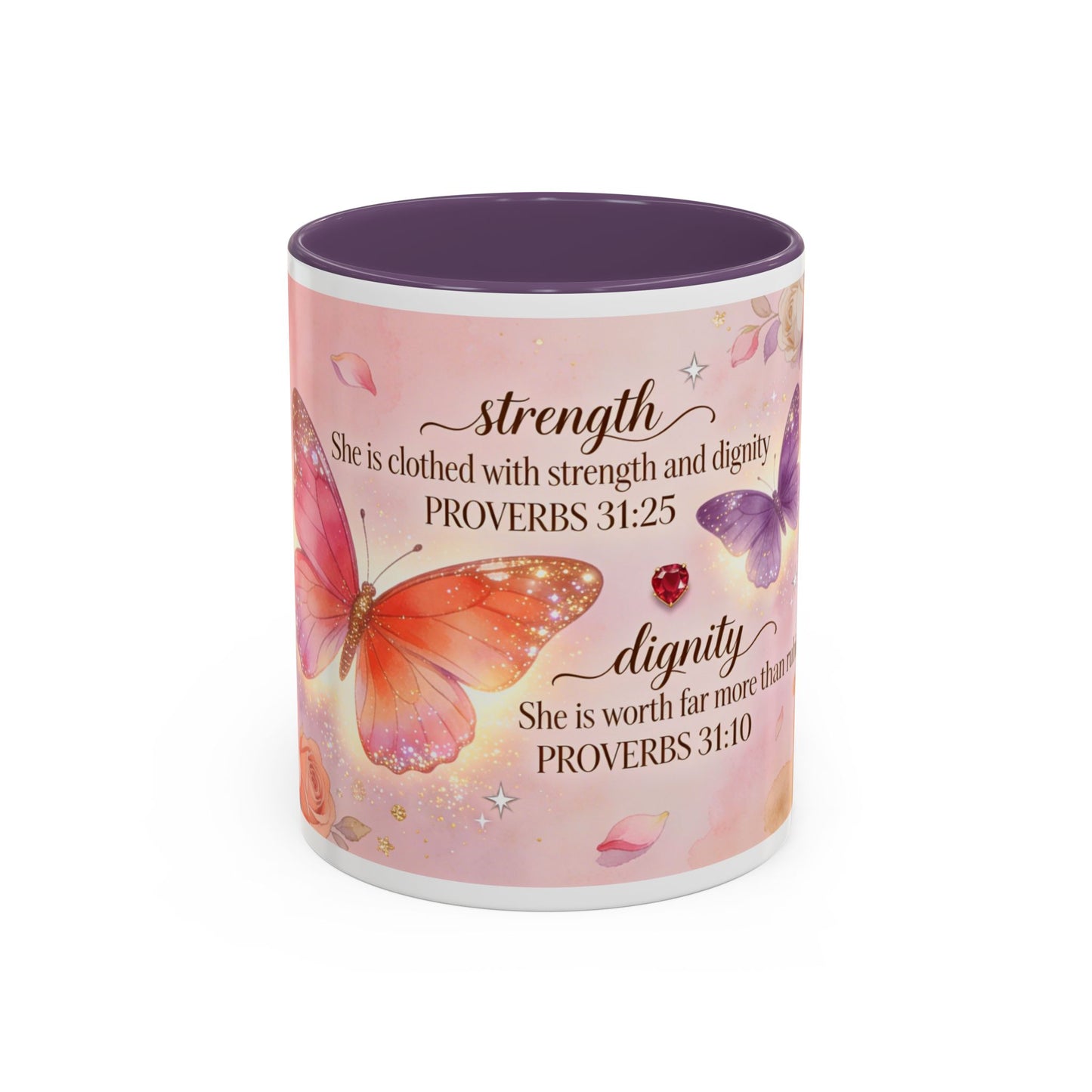 Inspirational Proverbs Coffee Mug — "Strength & Dignity" Floral Butterfly Bible Verse 11oz