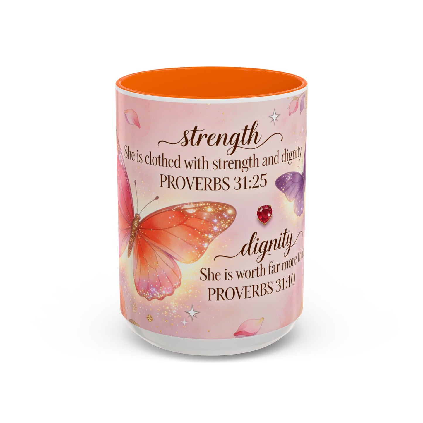 Inspirational Proverbs 31:25-10 Butterfly Accent Coffee Mug — Strength & Dignity Christian Gift (15oz)