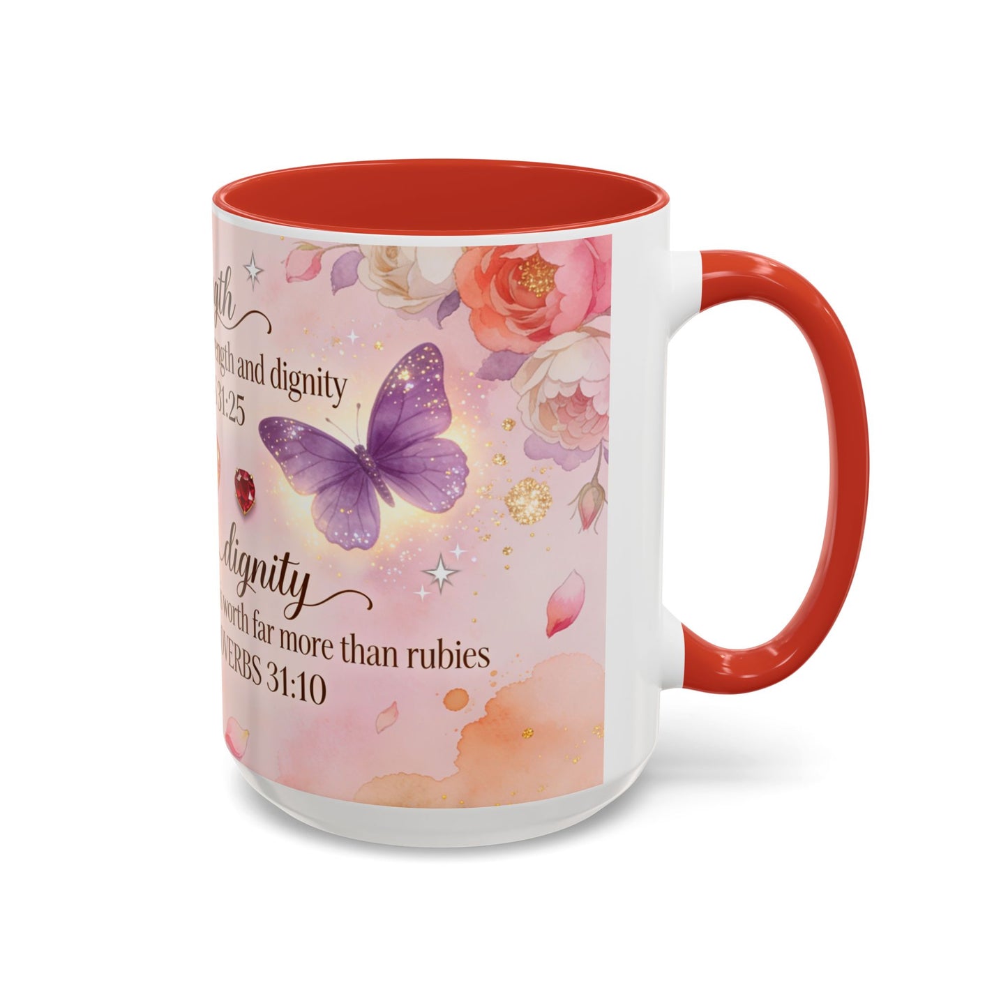 Inspirational Proverbs 31:25-10 Butterfly Accent Coffee Mug — Strength & Dignity Christian Gift (15oz)