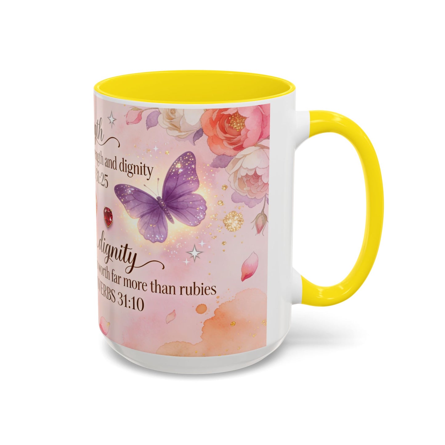 Inspirational Proverbs 31:25-10 Butterfly Accent Coffee Mug — Strength & Dignity Christian Gift (15oz)