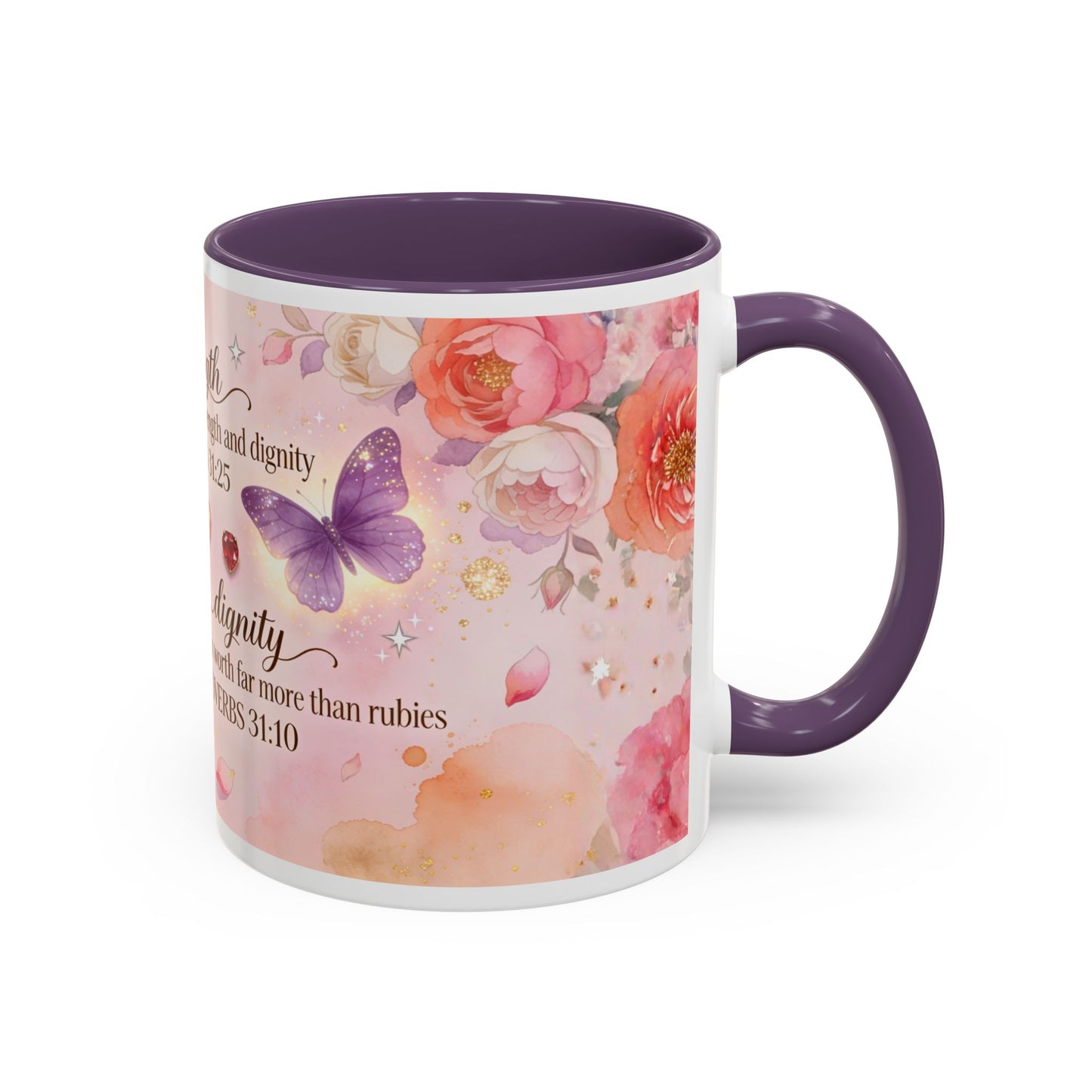 Inspirational Proverbs Coffee Mug — "Strength & Dignity" Floral Butterfly Bible Verse 11oz