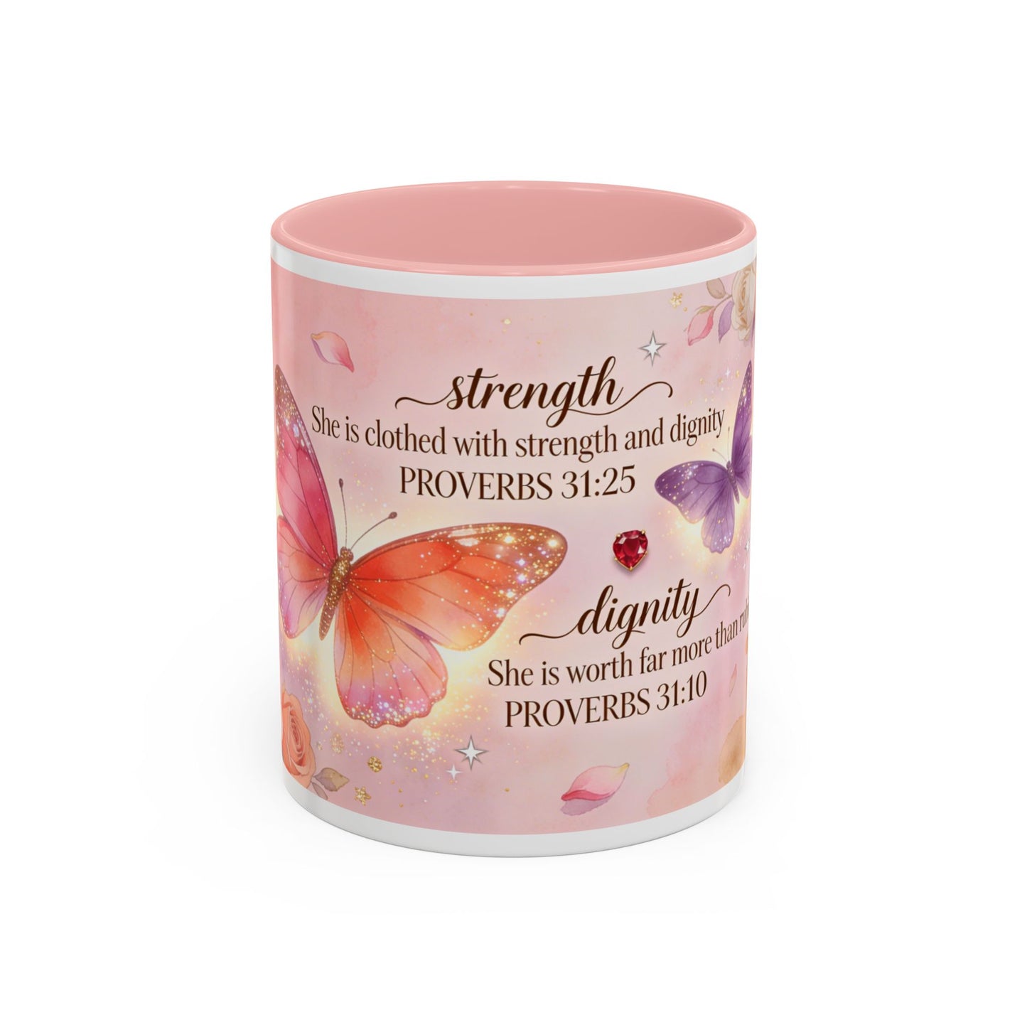 Inspirational Proverbs Coffee Mug — "Strength & Dignity" Floral Butterfly Bible Verse 11oz