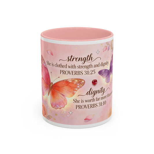 Inspirational Proverbs Coffee Mug — "Strength & Dignity" Floral Butterfly Bible Verse 11oz
