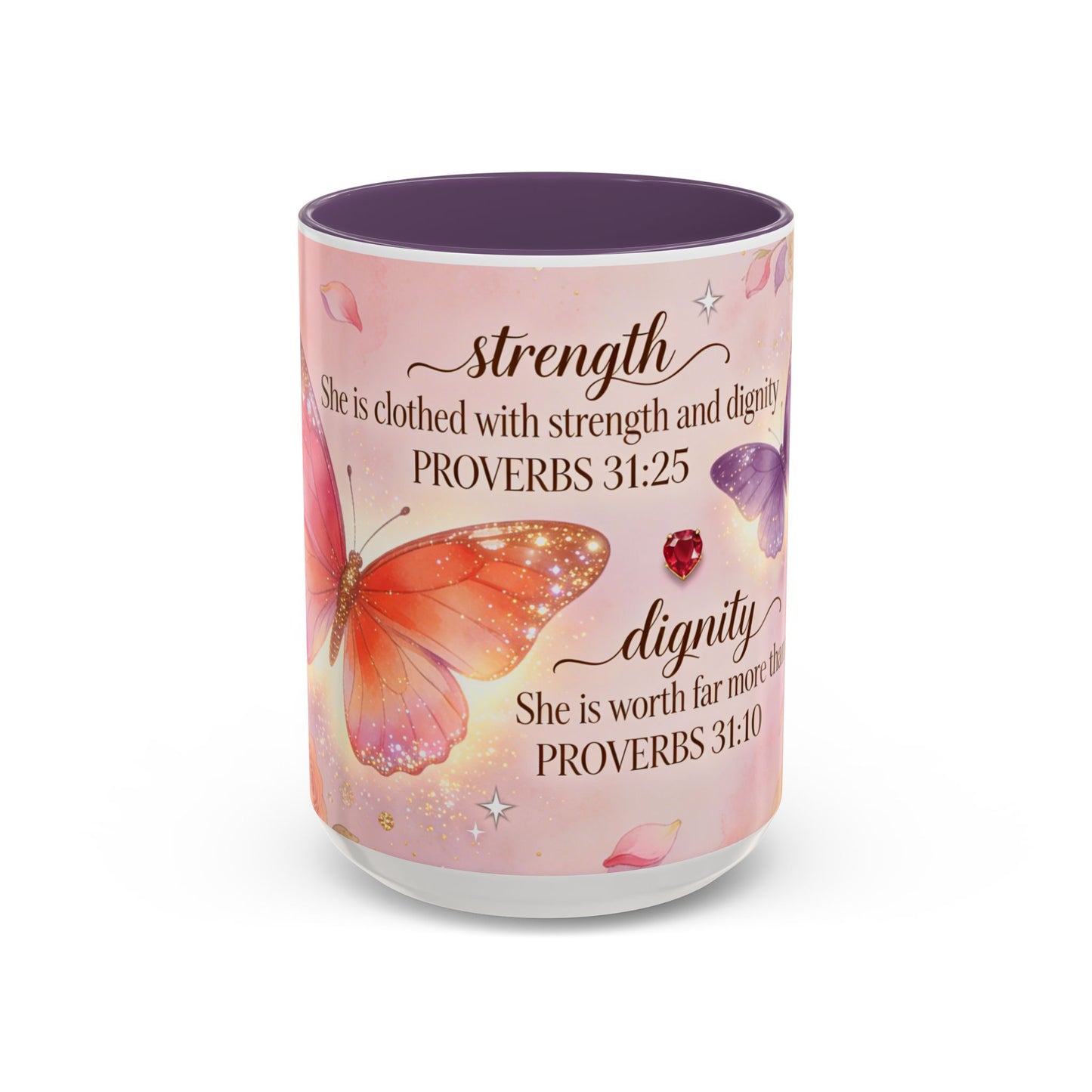 Inspirational Proverbs 31:25-10 Butterfly Accent Coffee Mug — Strength & Dignity Christian Gift (15oz)