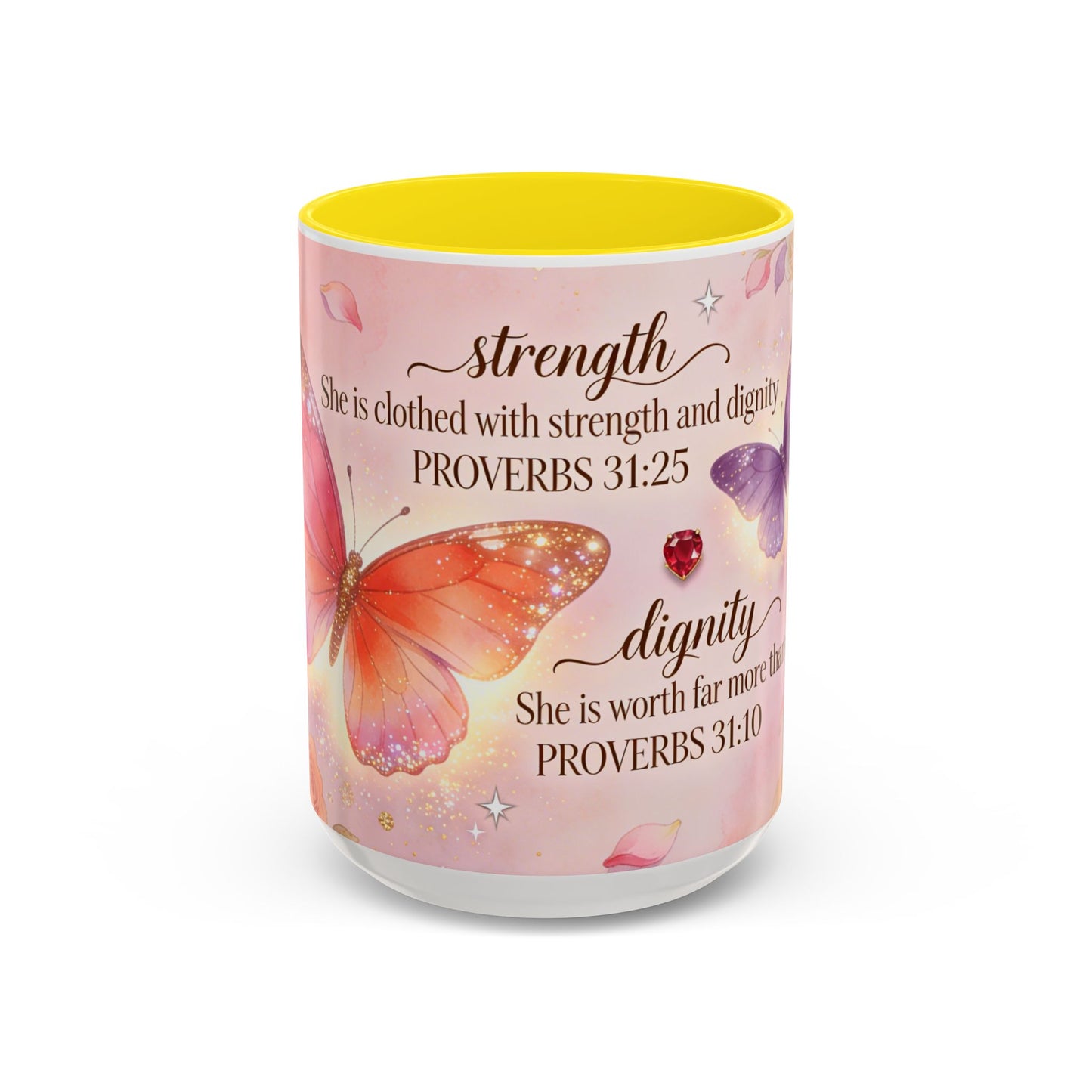 Inspirational Proverbs 31:25-10 Butterfly Accent Coffee Mug — Strength & Dignity Christian Gift (15oz)