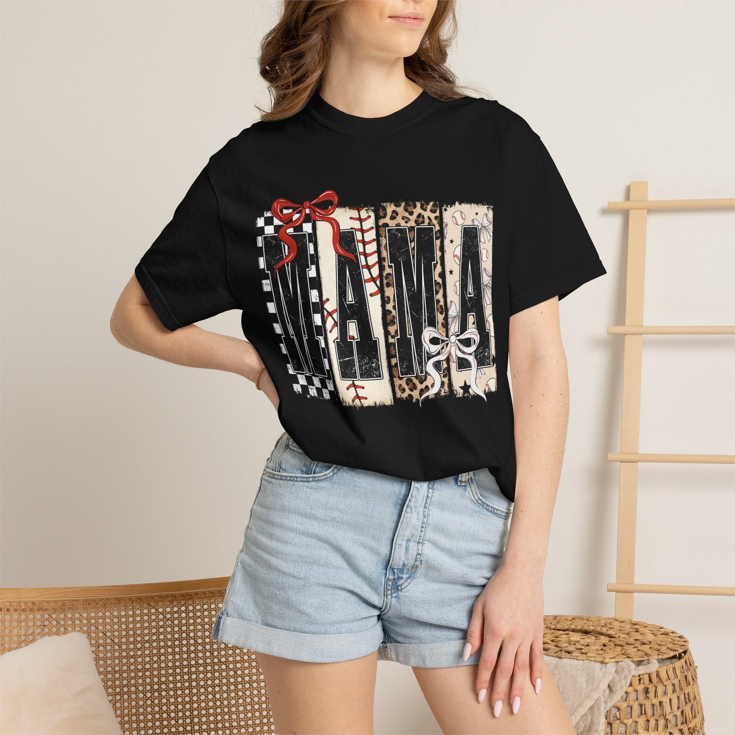Mama Baseball Pattern Block T-Shirt