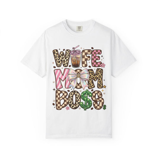 Wife Mom Boss Graphic T-Shirt — Chic Leopard, Floral & Coffee Mom Life Tee